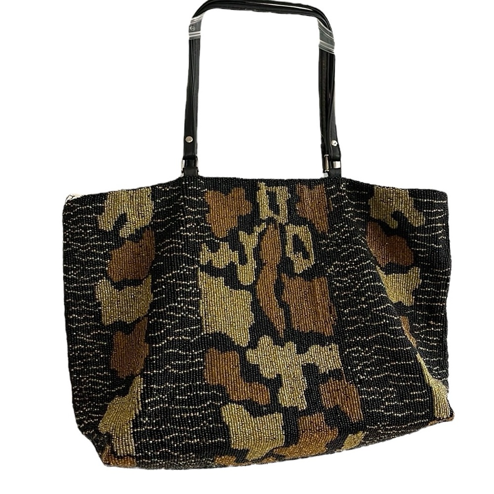 VINTAGE CHRISTIANA ANIMAL PRINT FULL BEADED SHOULDER BAG BLK GOLD TAN - Picture 5 of 12